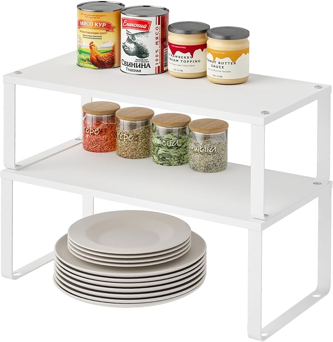 15.75" Long Stackable Expandable Metal Shelf Organizer For Kitchen Cabinet Counter Storage, Set of 2 Small Metal Storage Shelves Spice Rack For Kitchen Cupboard Countertop,Sturdy, 30LBS Heavy Duty