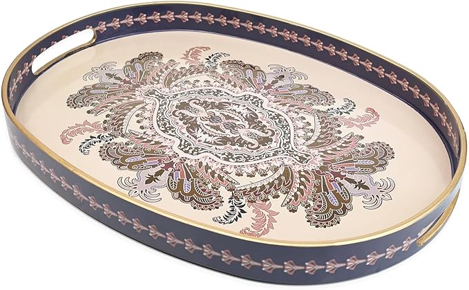 Oval Plastic Serving Tray with Handles, Elegant Decorative Tray for Coffee Table, Ottoman, Living Room, Kitchen, Outdoor Use. 10"*16"*1.4" B