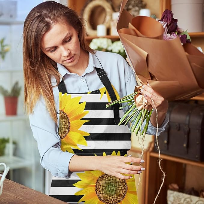 Britimes Apron Home Kitchen Cooking Baking Gardening for Women Men with Pockets Sunflowers Striped Black White Flower 32x28 inch