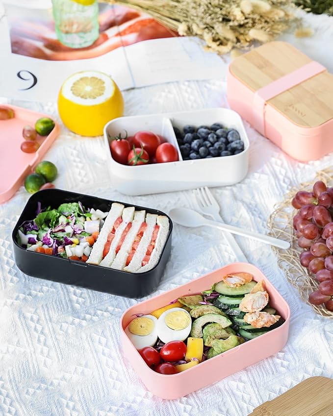 Bento Box Lunch Box Containers for Adults - Natural Bamboo Lid, Cutlery & Chopsticks, Lunch Box for Women, Microwave Safe, Dishwasher Safe, Bpa Free, Leakproof, Men
