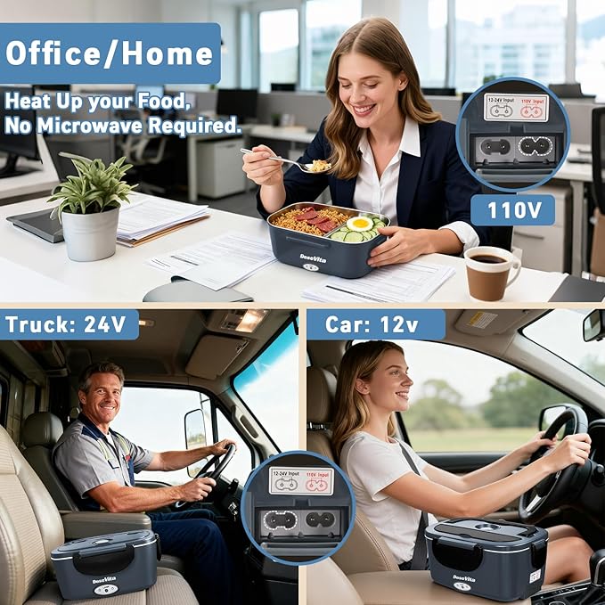Electric Lunch Box for Adults, 80W Heated Lunch Box, 1.5L Stainless Steel Container | 12V/24V (Car/Truck) & 110V (Office/Home) | with Fork&Spoon and Insulated Carry Bag
