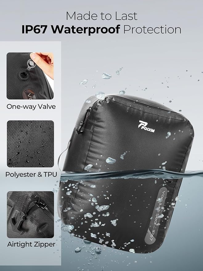 Vacuum Bags for Travel, 180° Open Zipper, IP67 Waterproof, Reusable Space Saver Compression Bags for Backpack, Suitcase, Home Storage(1 Pack, No Pump)