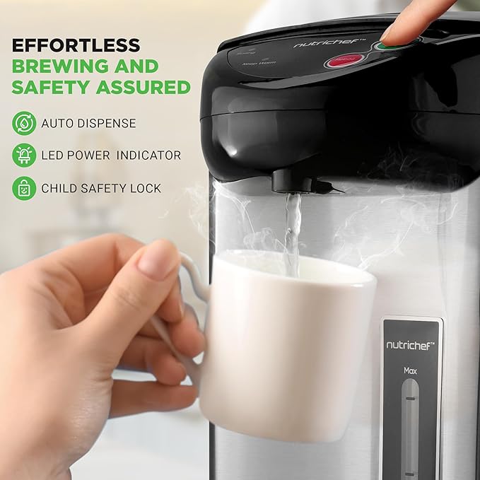 NutriChef 5.2 Qt Electric Water Kettle, Quick Heating, 5 Liter Digital Kettle with 5 Temperature Settings, Safety Lock, Stainless Steel, 3 Dispensing Options, Easy to Clean, 8.46" x 11.2" x 16.5"