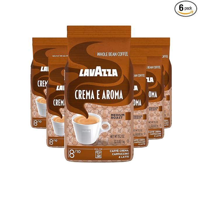 Lavazza Crema e Aroma Whole Bean Coffee, Medium Roast, Arabica and Robusta Blend, 2.2 lb Bag (Pack of 6)