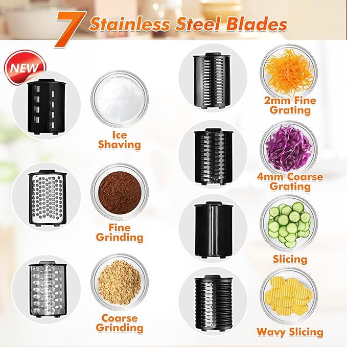 Anatole Electric Cheese Grater 7 Blades Ice Shaver Stainless Steel Vegetable Shredder 250W BPA-Free 110V