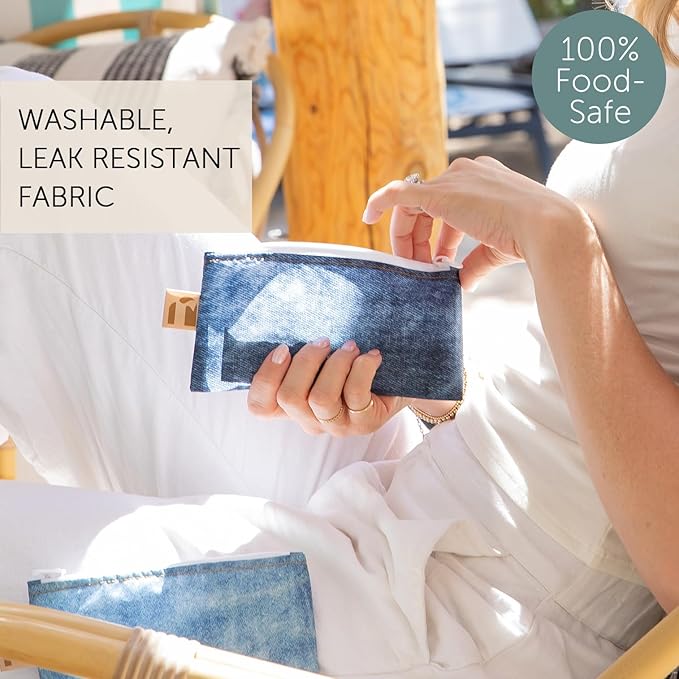 Roamio Reusable Snack Bags, for Kids School Lunch and for Adults Portion, Washable Fabric, Waterproof Cloth Zip Bag, Supplies Pack Travel Pouch, Food-Prep, Food-Safe Storage, 2-pk Faux Denim