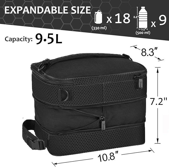 Tirrinia Expandable Insulated Lunch Bag for Men Women – Leakproof Reusable Cooler LunchBox for Kids & Adults with Shoulder Strap, Perfect for Work, School, Office, Travel,Black