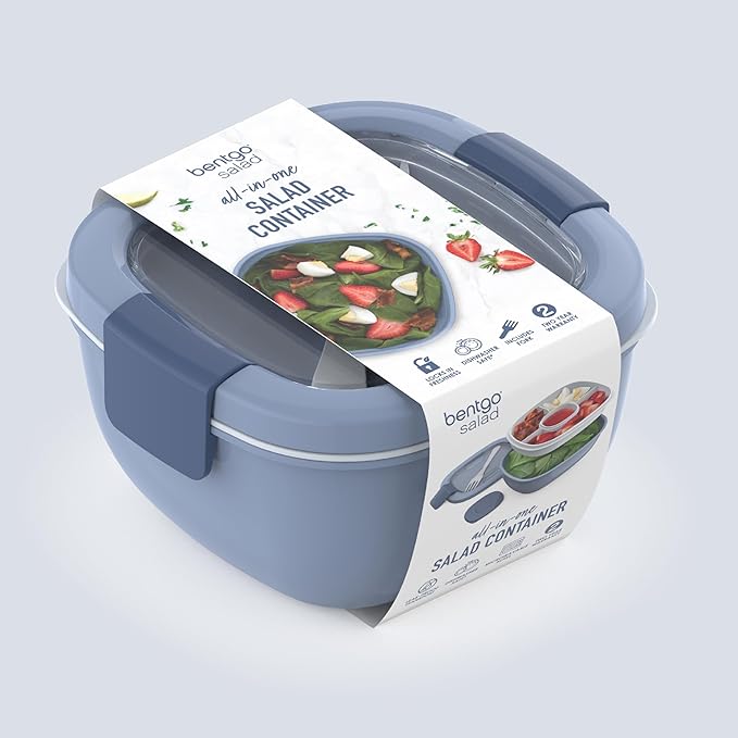 Bentgo Salad Container - 54 oz Bowl with 4-Compartment Toppings Tray, Leak-Proof Dressing Container, Reusable Fork, BPA-Free Lunch Box for Meal Prep & Food Storage; Removable Bento Tray (Slate)