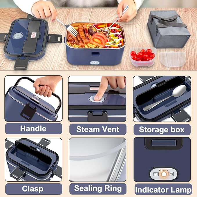 Nifogo Electric Lunch Box for Adults 80W 1.8L, Faster Heated Lunch Box for Men, Portable Electric Lunch Boxes Food Heater 12V/24V/110V Heating LunchBox for Car/Truck/Work with Bag(Blue)