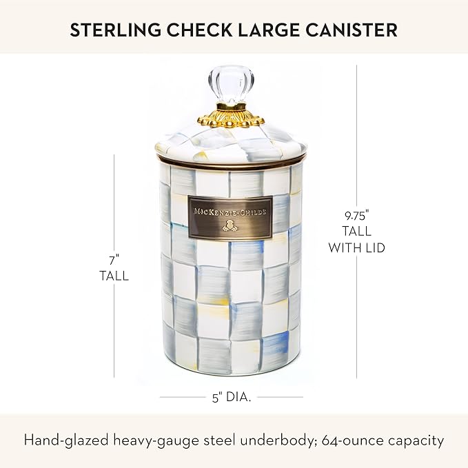 MACKENZIE-CHILDS Large Enamel Canister, Kitchen Storage Container for Flour and Sugar, 1.89 Liters, Grey-and-White Sterling Check