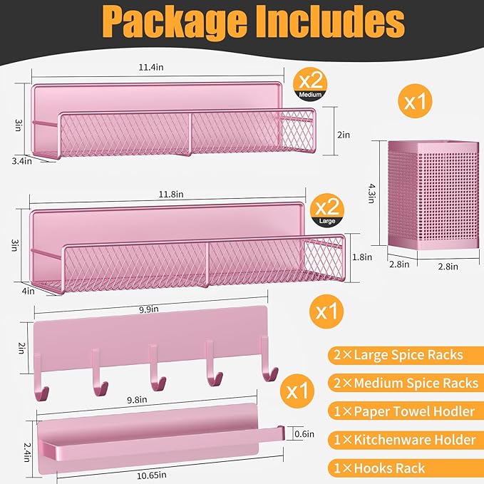 Magnetic Spice Rack for Refrigerator, 7 Pack 100% Metal Strong Magnet Shelves, Kitchen Spice Organizer W/ Hook Rack, Paper Towel Holder, Utensils Caddy, Home Laundry Room Storage Organization (Pink)
