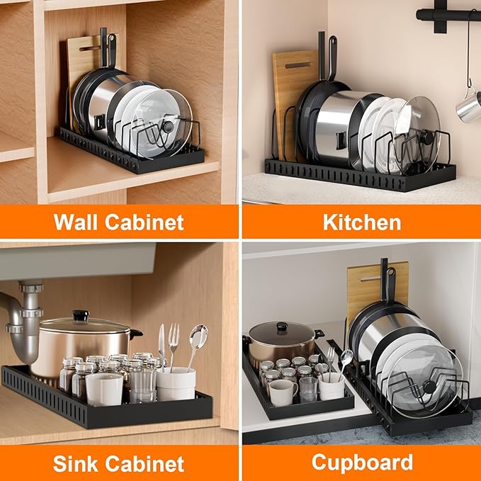 FLSEPAMB Pots and Pans Organizer for under Cabinet 2 Pack 10-Tier Pot Pull Out Cabinet Organizer Sliding Pot, Cabinet Pull Out Shelves with Two Types of Shelves for Pots, Lids, Bottles and Pans