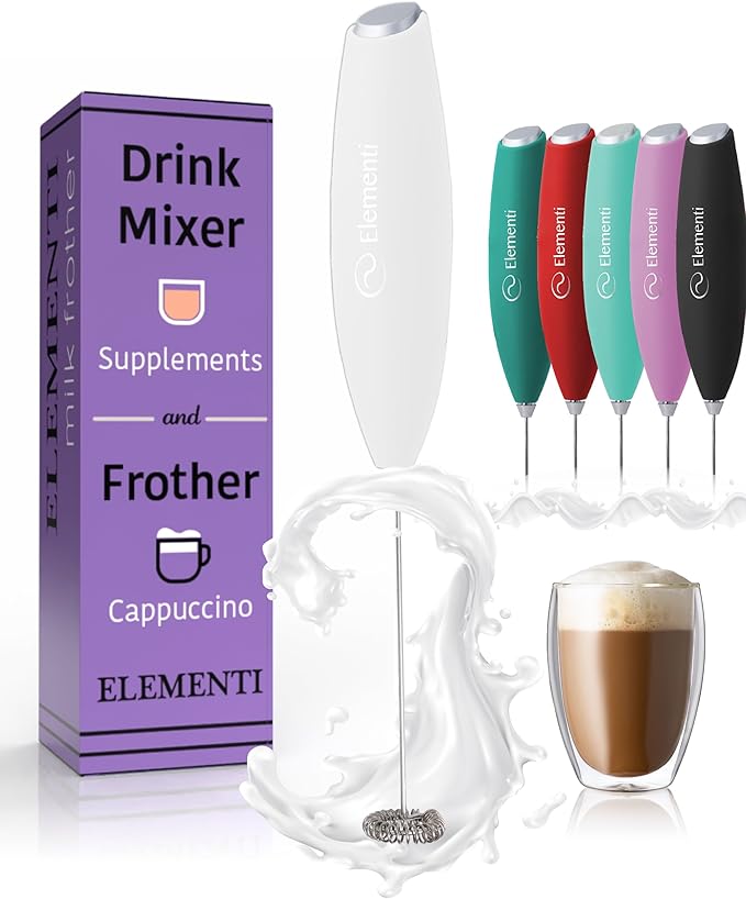 Elementi Frother Wand - Easy to Use Milk Frother Handheld Electric Stirrer for Powder Drinks, Durable & Powerful Protein Powder Mixer Wand, Coffee Stirrers Electric (White)