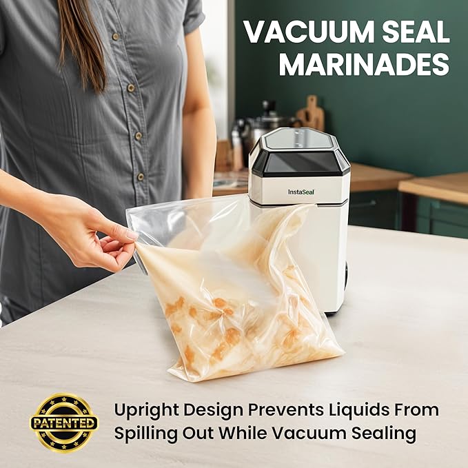 InstaSeal Vacuum Sealer for Food with 12 Bags, Preserves Foods 5x Longer, Space Saving Compact Upright Design Allows Machine to Seal Marinades, Soups, Meats for Sous Vide Cooking, Vegetables