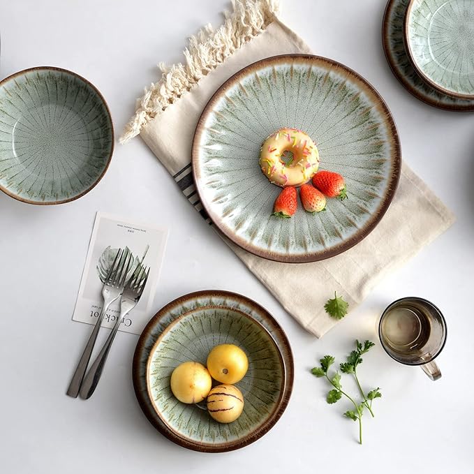 Melamine Dinnerware Sets for 4,12 Pcs Party Plates and Bowls Sets,Outdoor Use Harvest Dinner Dishes Set,Great for RVs Camping,Lightweight Unbreakable,Dishwasher Safe,Sage Green