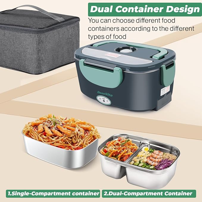 Electric Lunch Box for Adults, 80W Heated Lunch Box, 1.5L Stainless Steel Container | 12V/24V (Car/Truck) & 110V (Office/Home) | with Fork&Spoon and Insulated Carry Bag (Green-Dual Container)