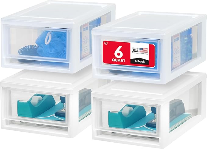 IRIS USA 6 Qt. Small Plastic Stacking Drawer, Stackable Storage Organizer Unit with Sliding Drawer for Bedroom Kitchen Under Sink Pantry Craft Room Dorm Office, White, 4-Pack