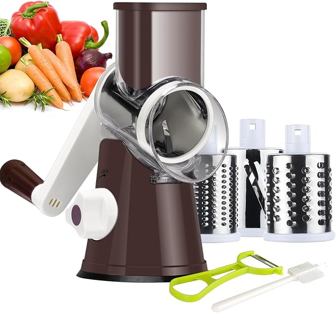 Ourokhome Rotary Cheese Grater Hand Crank, Kitchen Shredder Speed Mandolin Slicer Nut Grinder with Handle and Drum Blades for Cheese, Vegetable, Walnuts, Chocolate, Potato, Carrot,3 Blades, Coffee