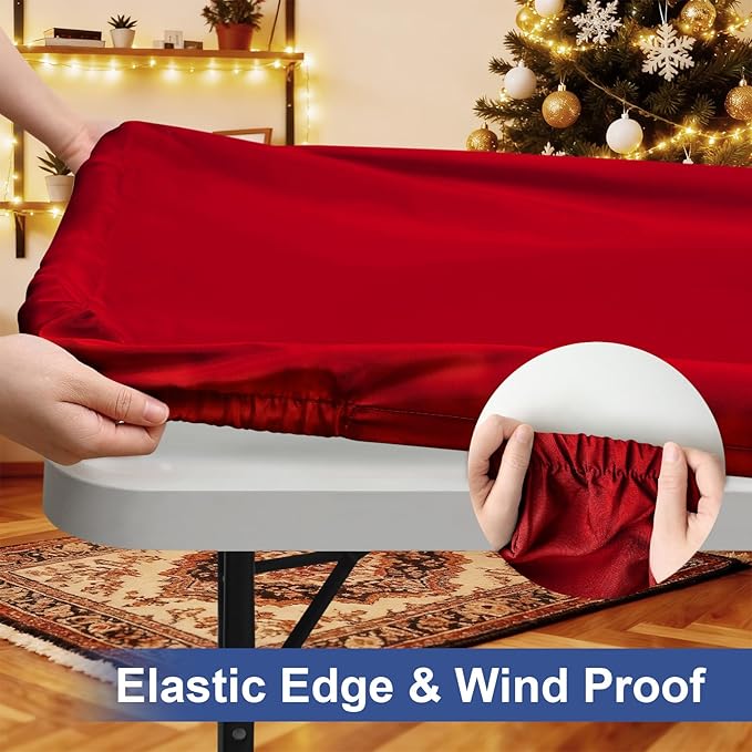 homing Rectangle Table Cloth Cover, Waterproof Polyester Elastic Fitted Tablecloth, Fits for 4 Foot Folding Tables, Washable Table Protector for Christmas, Holiday, Party (Red, 30" x 48")