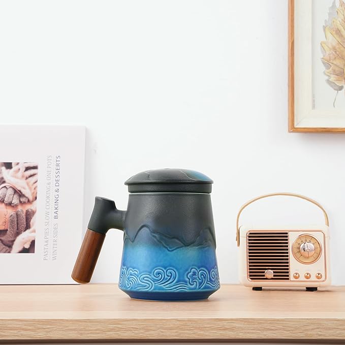 ZENS Tea Cup with Infuser and Lid for Loose Leaf Steeping, 16.9oz Embossed Ceramic Tea Infuser Mug, Wood Handle Tea Diffuser, Great Gift