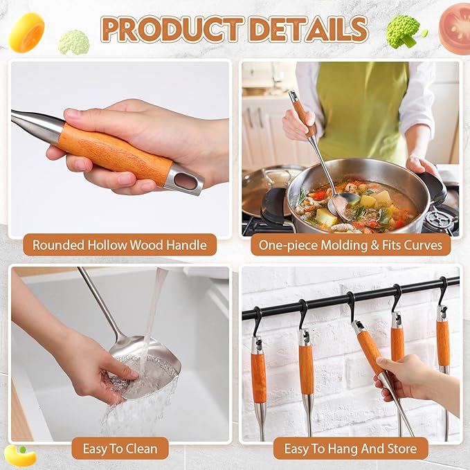 9 Pcs 304 Stainless Steel Utensils Set with Wood Handle Metal Cooking Tool Spatula, Solid Spoon, Slotted Spoon, Fork, Ladle, Skimmer, Slotted Spatula Spaghetti(brown,wooden)