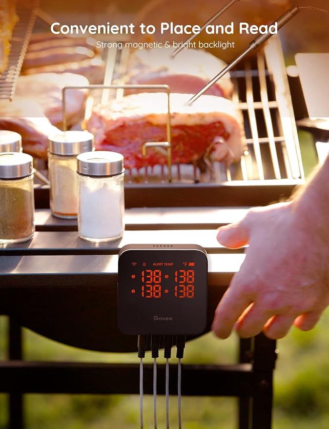 Govee WiFi Meat Thermometer with 4 Probe, Smart Wireless Meat Thermometer with Unlimited Range App Notification Alert, Digital Rechargeable Bluetooth Food Thermometer for Smoker BBQ Grill Oven Kitchen