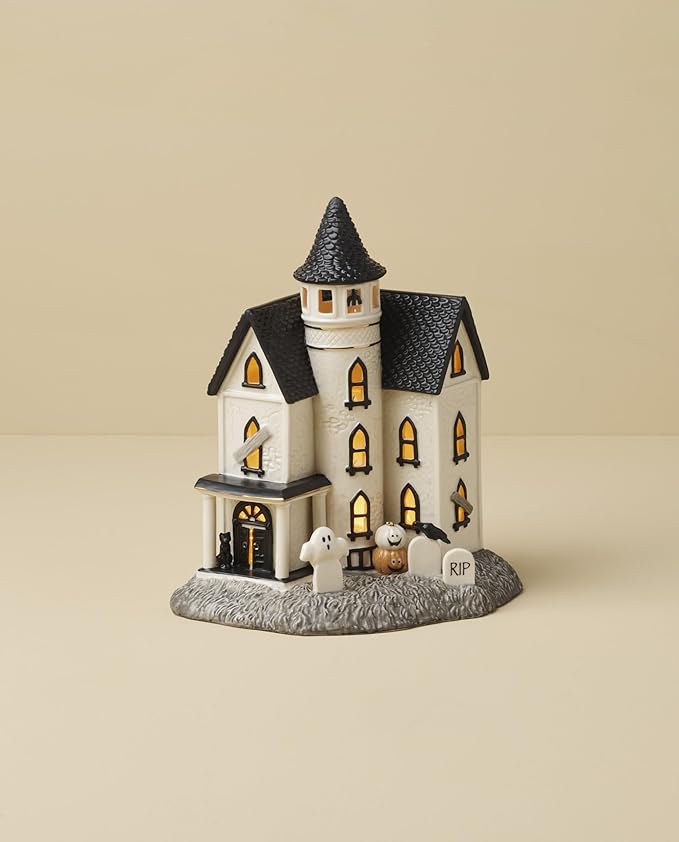 Lenox Vintage Halloween Light-Up Manor Figurine, 8.25-Inch, Porcelain Haunted House, Halloween Decor Indoor, Pumpkins, Ghost, Fall Decor Spooky Table Decoration (1 Piece) 3 AAA Batteries Not Included