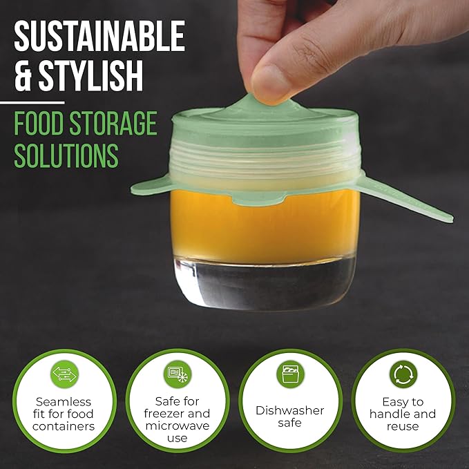Reusable Silicone Stretch Lids for Food Storage in Fridge - Elastic Heat-Resistant Bowl Covers, Cups, Cans, Jars - Universal Food Grade Lid for Containers - 7 Pack - Mint Frost Stretchy Lid Set