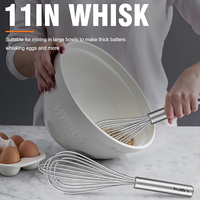 Walfos Whisk,304 Stainless Steel whisk,No-Rust 7+9+11inch Whisks for cooking Nice for Blending,Whisking,Beating.Heat resistant 600°F Dishwasher Safe. Heavy duty kitchen whisk.17.7+22.8+27.9cm -SILVER