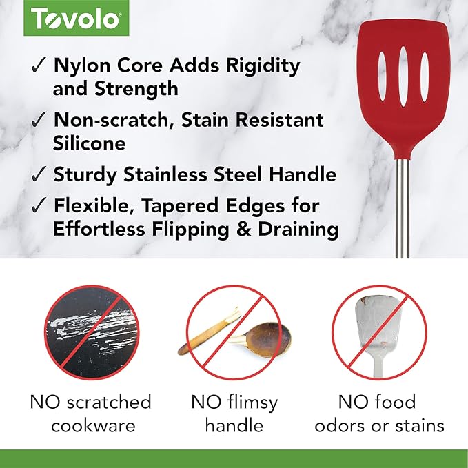 Tovolo Silicone Slotted Turner With Stainless Steel Handle, Pancake Spatula, Scratch-Resistant Kitchen Utensil for Nonstick Cookware & Cast Iron Skillets, 1 Count
