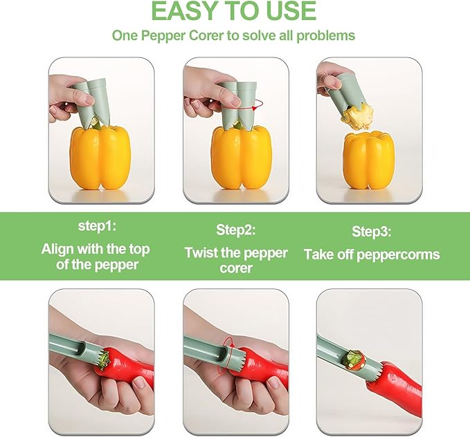 2PCS Pepper Corer,Chili Seed Remover Tool,Durable ABS Kitchen Gadget for Bell & Chili Peppers, 2-in-1 Design, Easy Twist Use, Ideal for Home Cooking, Camping(Green)