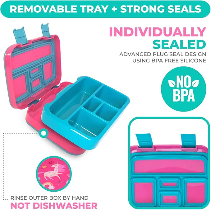 kinsho Unicorn Bento Lunch Box for Girls Toddlers, 5 Portion Control Sections, BPA Free Removable Plastic Tray, Pre-School Kid Toddler Girl Daycare Lunches, Snack Container Ages 3 to 7 Pink Unicorns