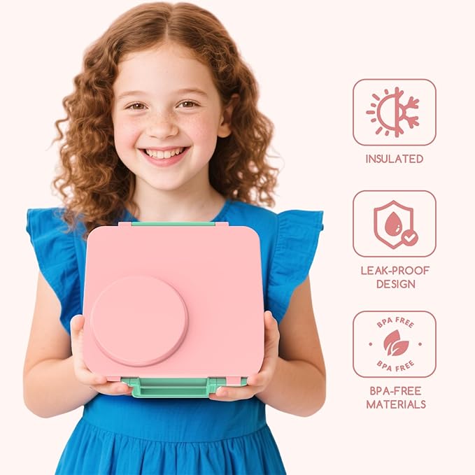 Bento Box for Kids - Leak-Proof Bento Lunch Box with Insulated Thermos Food Jar - 4 Compartments, 1 Removable Divider, 1Spoon, 1 Fork - Dishwasher Safe, BPA-Free (Light pink)