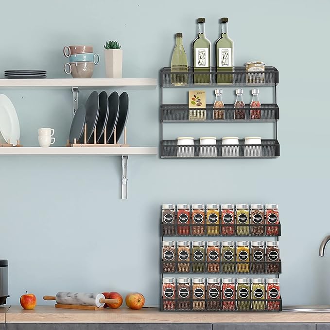 AULEDIO 2 Pack Spice Rack Organizer, 3 Tier Counter-top Stand or Wall Mounted Storage Rack Hanging Shelf for Kitchen Cabinet, Cupboard, Pantry Door Bathroom Shower Cosmetic (Black)