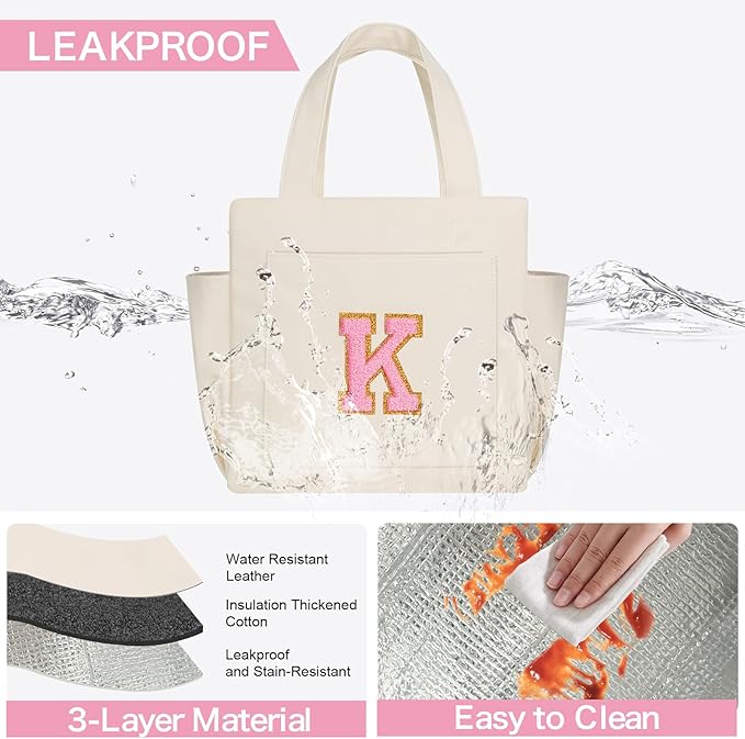 Joymee Leather Lunch Box Lunch Bag for Women Adult Insulated Reusable Leakproof Large Spacious Lunch Cooler Lunch Tote Bag with Bottle Holder and Side Pockets for Work Picnic Beach (Letter K)