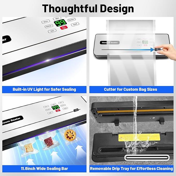 Cordless Vacuum Sealer Machine with UV-C Light, Digital Display & Built-in Cutter, Compact Rechargeable Food vacuum Sealer for Dry & Moist Foods, Includes 10 Pre-cut Bags & 1 Roll Bag (Sliver)