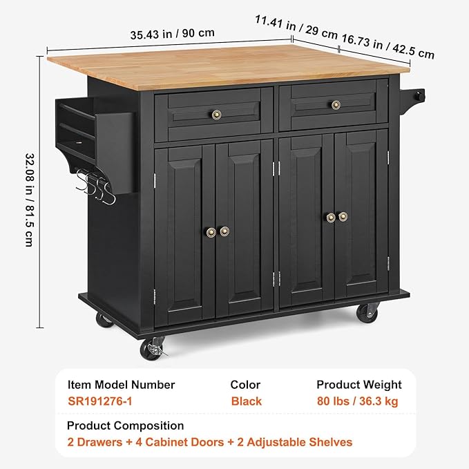 VEVOR Kitchen Island Cart, 35" Wood Top Mobile Carts with Storage Cabinet, Rolling Table with Drop Leaf, Spice Rack, Towel Bar, Adjustable Shelf, Drawer, and Hooks, Portable Islands on Wheels, Black