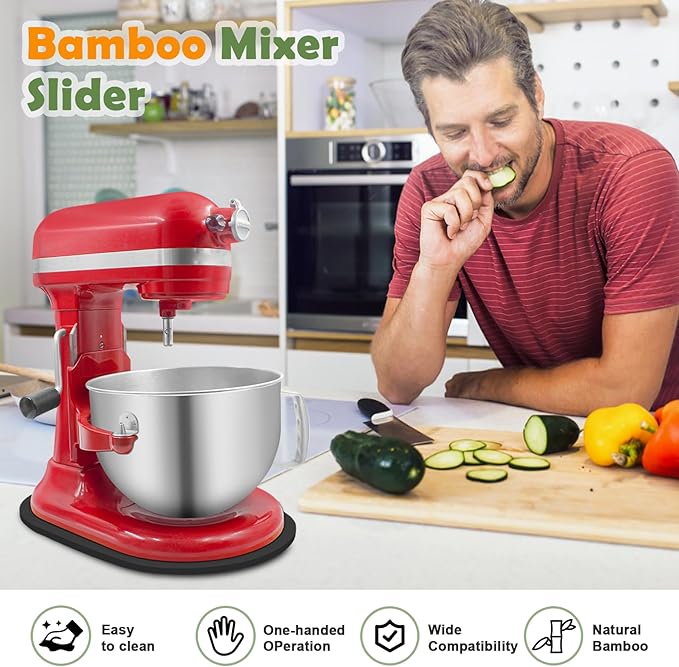 Bamboo Mixer Slider for Kitchen Aid 5-8 Qt Bowl Lift Stand Mixer, Kitchen Appliance sliding mat Countertop Storage Attachments, Mixer Accessories Sliding Tray Moving Board for Kitchen Aid (Black)