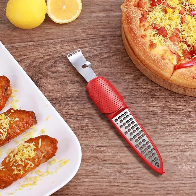 Pisol Lemon Citrus Orange Zester and Grater Tool, Cheese Grater & Vegetable Grater for Lime, Garlic, Ginger, Chocolate, Fruits, Dishwasher Safe, Red