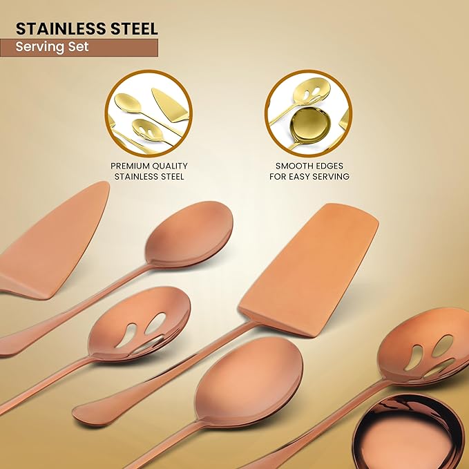 Avador® Premium Set of 8 Stainless Steel Hostess Serving Utensil Tool Set for Weddings | Buffer | Party | Kitchen | Restaurants (Rose Gold Plated)