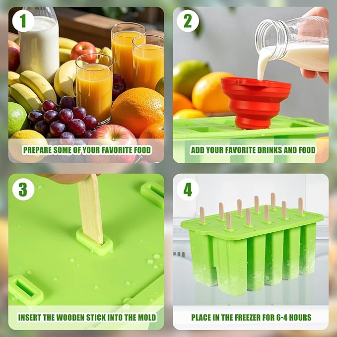Popsicles Molds,10-Cav Silicone Popsicle Molds for Kid, BPA-Free Popsicle Mold, Ice Pop Mold Maker, Food Preparation Molds With 50 Bags, 50 Strips and Funnel (#Green)