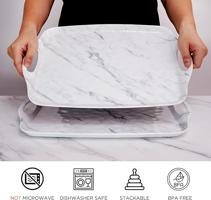 TP Serving Trays with Handles, 19 Inch Large Rectangular Melamine Serving Platter Set of 2, White Marble