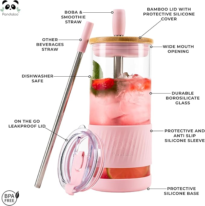 Pandaloo® Glass Cups With Lids and Straws -20 Fl Oz- Perfect Size Iced Coffee Cup - Smoothie Cup With Bamboo Lid and On the go Lid - Glass Tumbler (2 Count (Pack of 1), Lilac-Pink)