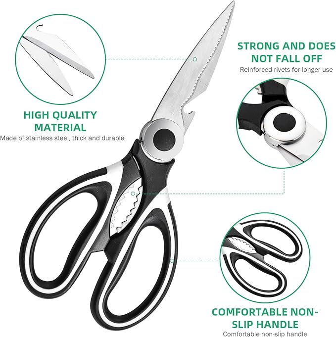 Multipurpose kitchen scissors, heavy duty meat poultry scissors, spice scissors, food cooking scissors, stainless steel utility scissors (2, white)