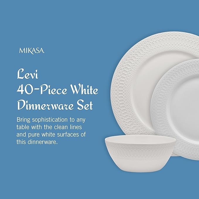 Mikasa Levi 40 Piece Bone China Dinnerware Set, Embossed Plates Bowls, Chip-Resistant, Lightweight, Elegant and Durable, Service for 8, White