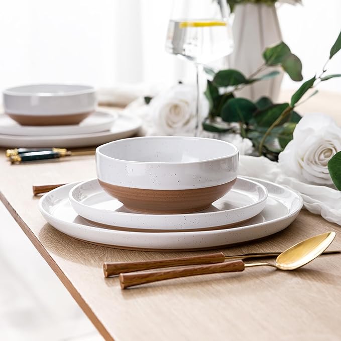 AmorArc Ceramic Dinnerware Sets for 6, 18 Pieces Handpainted Plates and Bowls Set with Rustic Terracotta Underside, Scratch Resistant Stoneware Dishes Set, Dishwasher & Microwave Safe, White