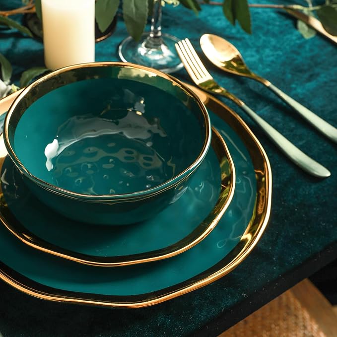 Stone Lain Florian Modern Porcelain 16 Piece Dinnerware Set, Plates and Bowls Set, Dish set for 4, Green and Golden Rim
