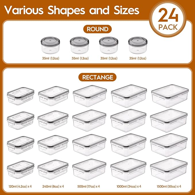 48 PCS Food Storage Containers with Lids Airtight (24 Containers & 24 Lids), Leak proof Meal Prep Container Set for Kitchen Storage, BPA-free, PVC-free Plastic, Microwave/Dishwasher Safe, Labels & Pen