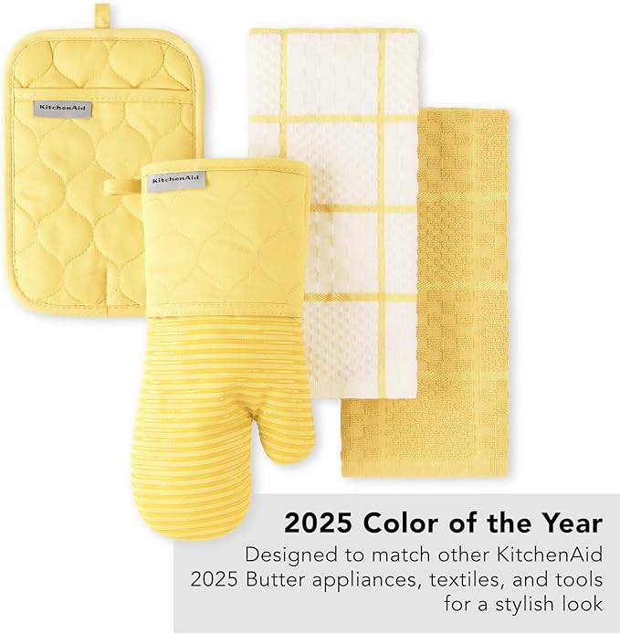 KITCHENAID Quilted Cotton Terry Cloth Oven Mitt, Pot Holder, Kitchen Towel 4-Pack Set, Heat Resistant, Silicone Grip, 16"x26", 7"x13" & 7"x10", Butter Yellow