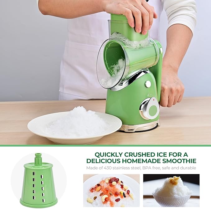 SUSTEAS Rotary Cheese Grater with Handle,Vegetable Slicer with 6 Interchangeable Blades, Reinforced Suction,Easy to Clean,Kitchen Chopper for Crushed Ice,Fruits and Nuts with Blade Storage Case,Green